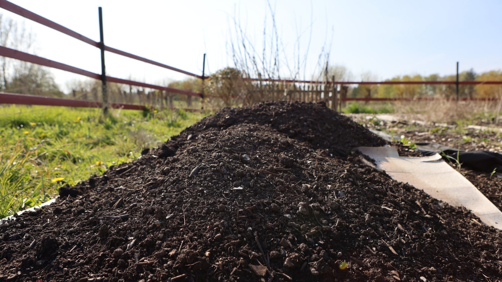 A wide, raised garden bed filled with dark, nutrient-rich soil extends into the distance, bordered by wooden fencing and framed by an open, grassy landscape.