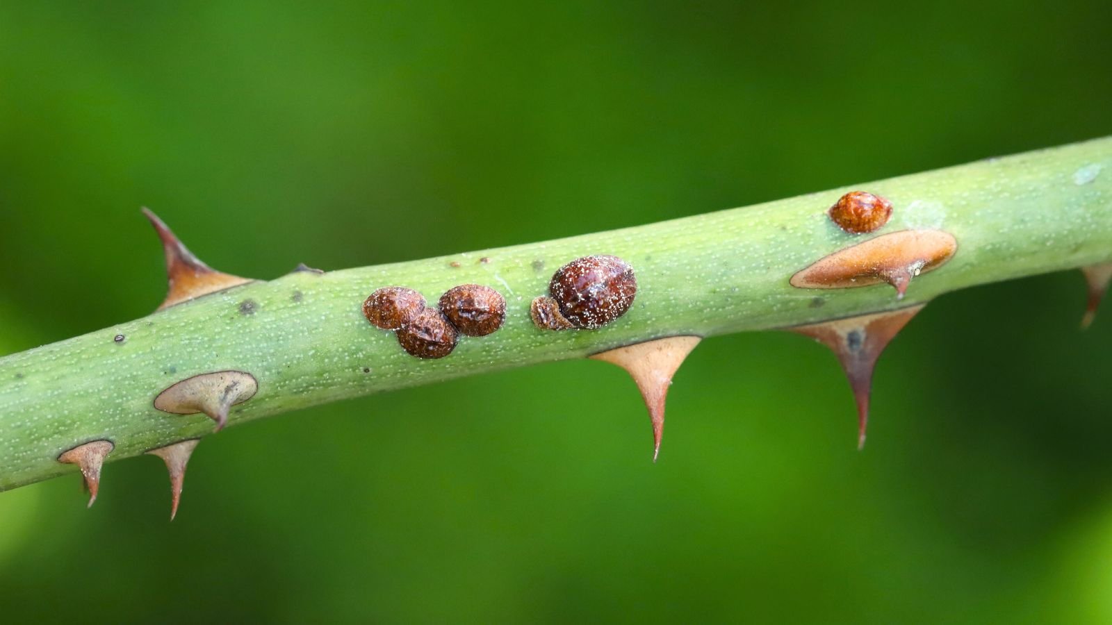 Close-up of a rose stem with sharp thorns infested with brown scale insects.