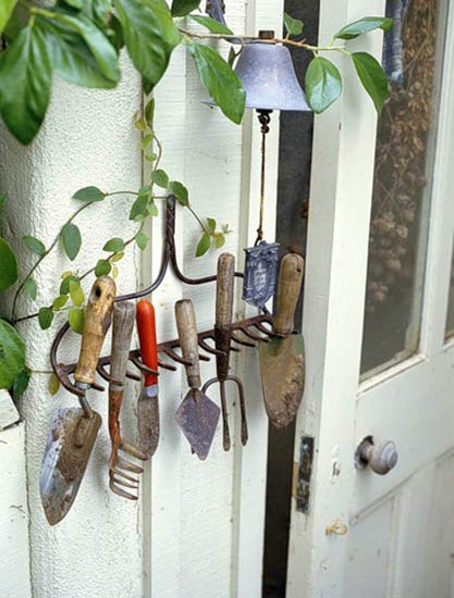 Old rake makes a great tool holder.