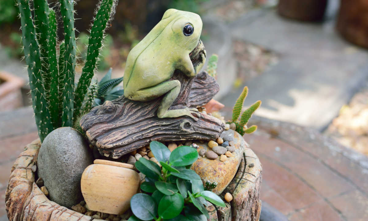 Ceramic frog sitting on driftwood in a planter.