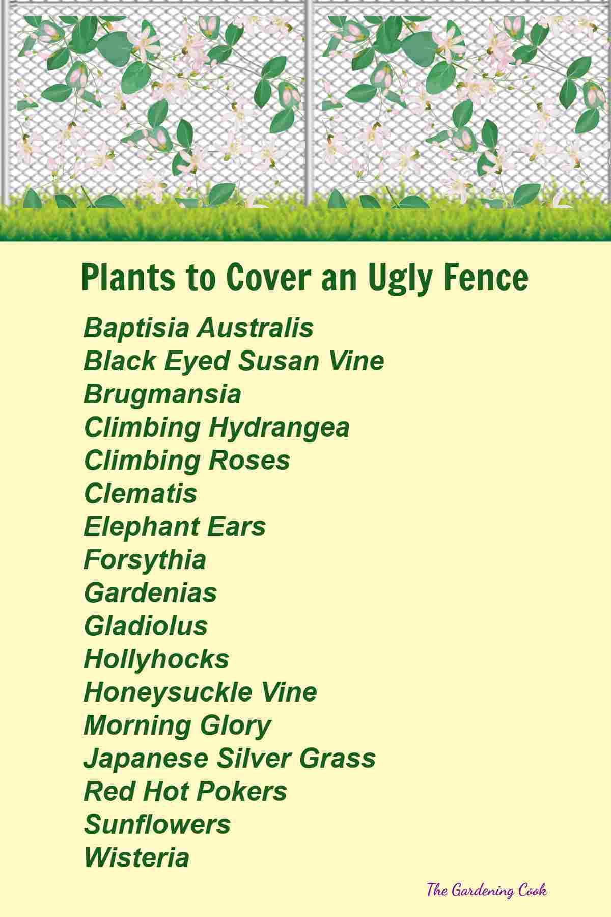 Shopping list for plants that will cover an ugly fence.