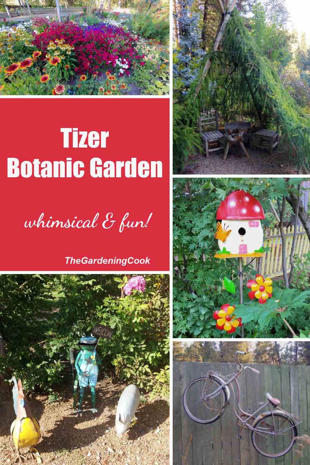 Whimsical garden scenes in a collage with wrds Tizer Botanic Garden - whimsical & fun!