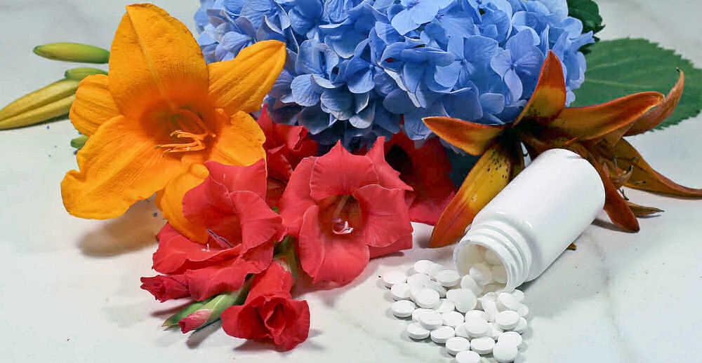 Bottle of aspirin surrounded by cut fresh flowers.