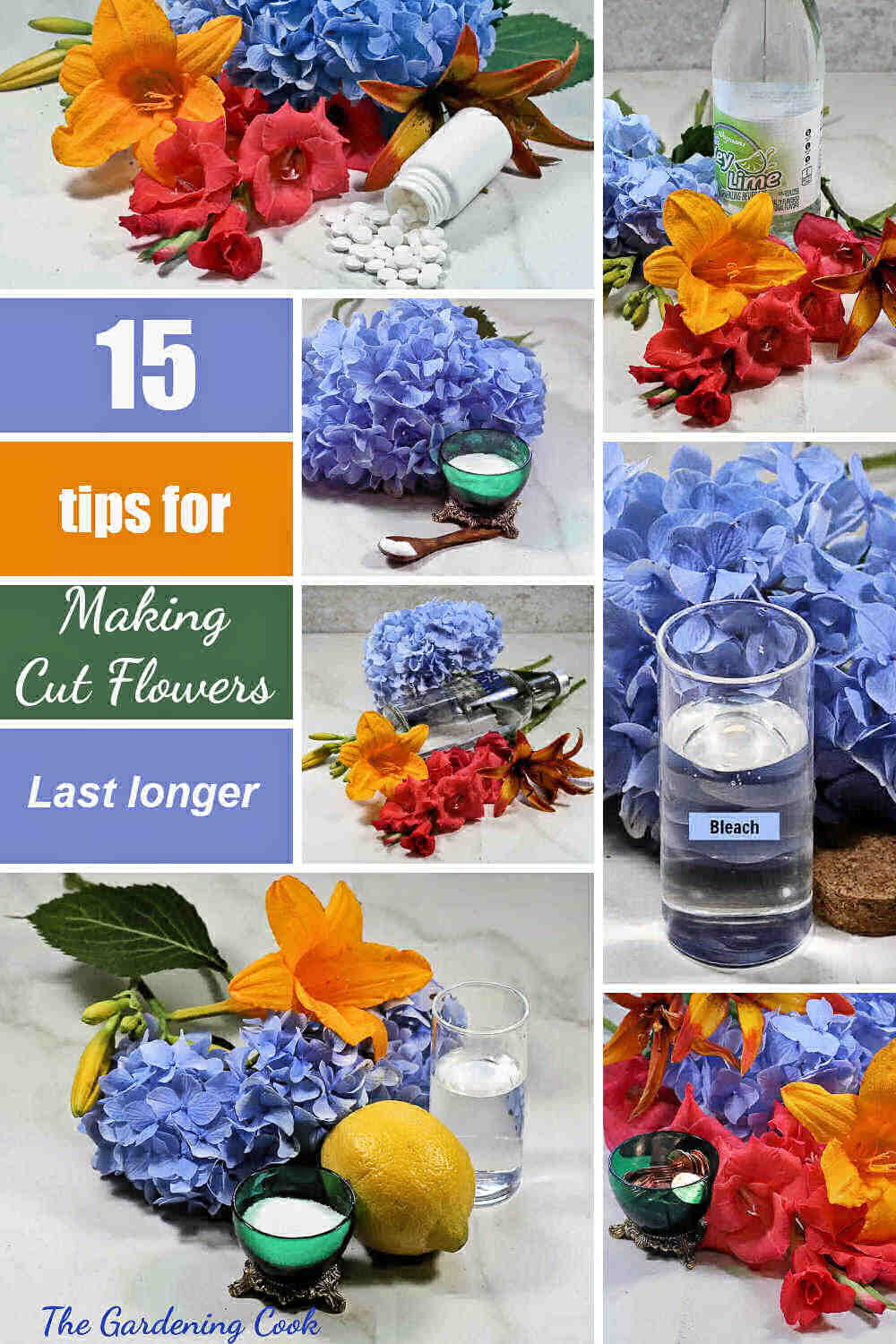 Fresh cut flowers and household ingredients with words reading 15 tips for making cut flowers last longer.