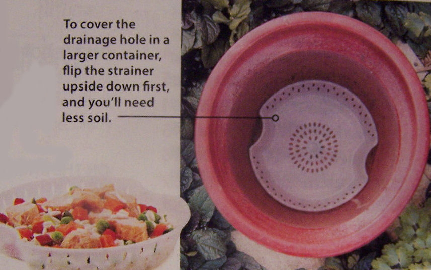 Idea for covering drainage holes in pots, made from strainers in microwaveable meal containers.